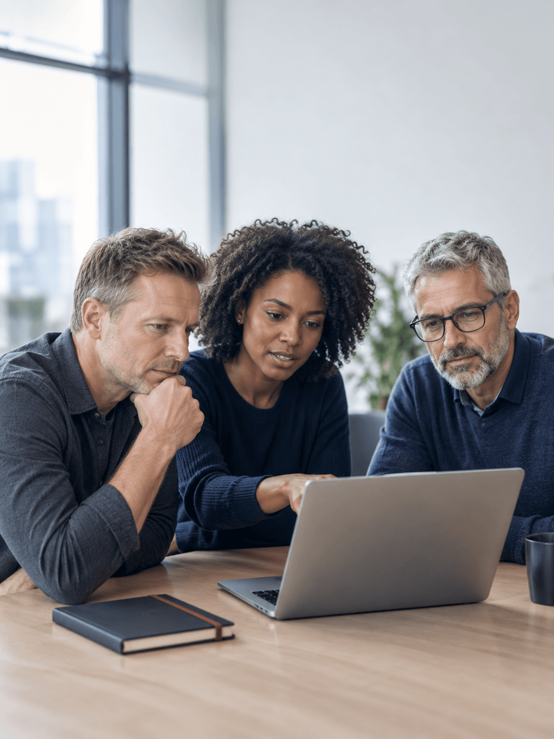 Three colleagues reviewing equipment specifications together on a laptop